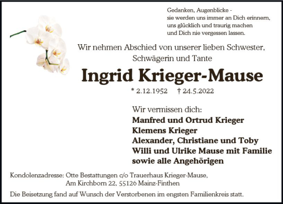 Traueranzeige von Ingrid Krieger-Mause von vrm-trauer AZ Mainz