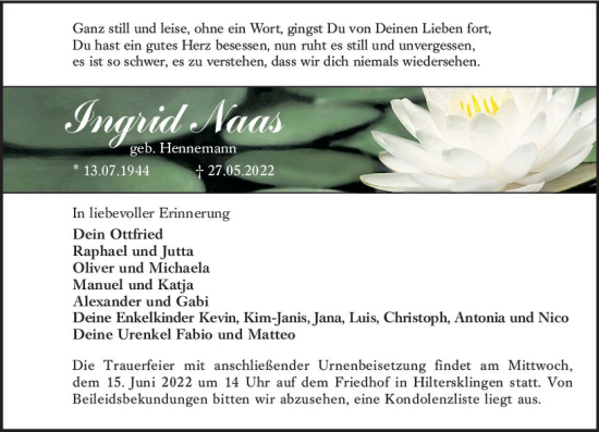 Traueranzeige von Ingrid Naas von vrm-trauer Odenwälder Echo