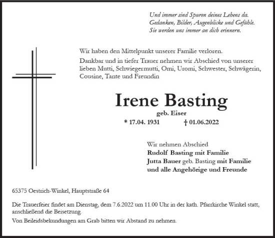 Traueranzeige von Irene Basting von vrm-trauer Wiesbadener Kurier