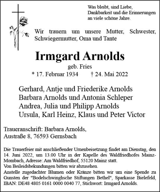 Traueranzeige von Irmgard Arnolds von vrm-trauer AZ Mainz