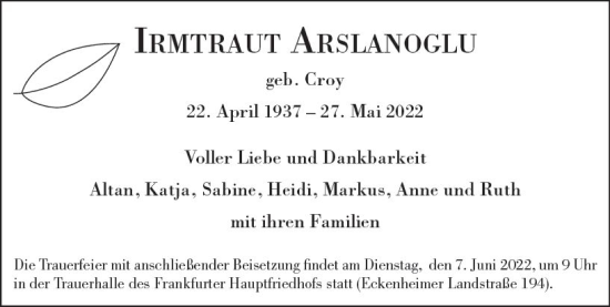 Traueranzeige von Irmtraut Arslanoglu von vrm-trauer Wiesbadener Kurier