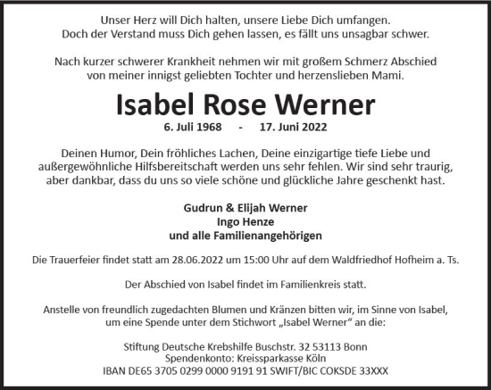 Traueranzeige von Isabel Rose Werner von vrm-trauer Wiesbadener Kurier