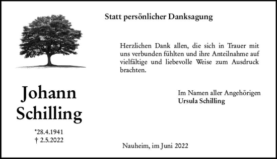 Traueranzeige von Johann Schilling von vrm-trauer Rüsselsheimer Echo / MainSpitze