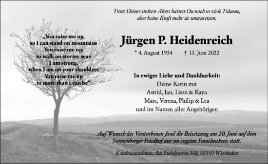 Traueranzeige von Jürgen P. Heidenreich von vrm-trauer Wiesbadener Kurier