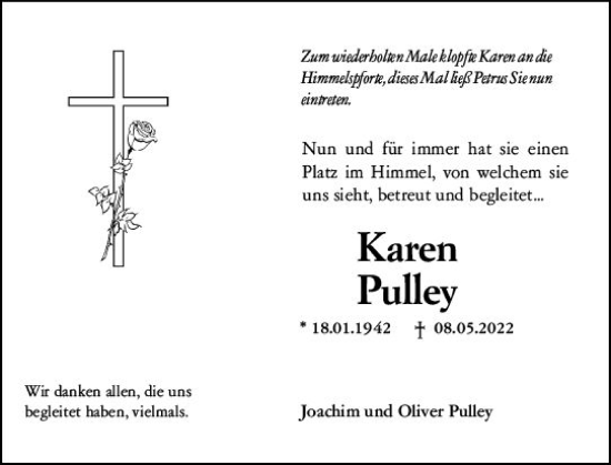 Traueranzeige von Karen Pulley von vrm-trauer Wiesbadener Kurier