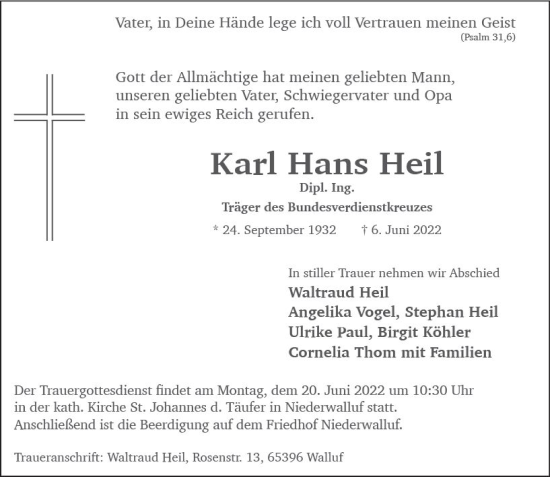 Traueranzeige von Karl Hans Heil von vrm-trauer Wiesbadener Kurier