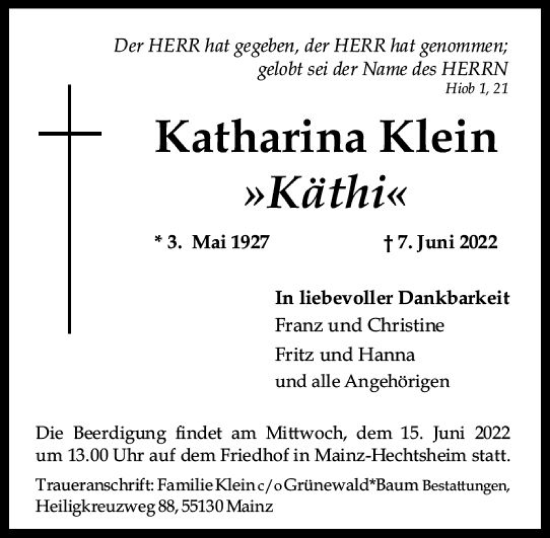 Traueranzeige von Katharina Klein von vrm-trauer AZ Mainz