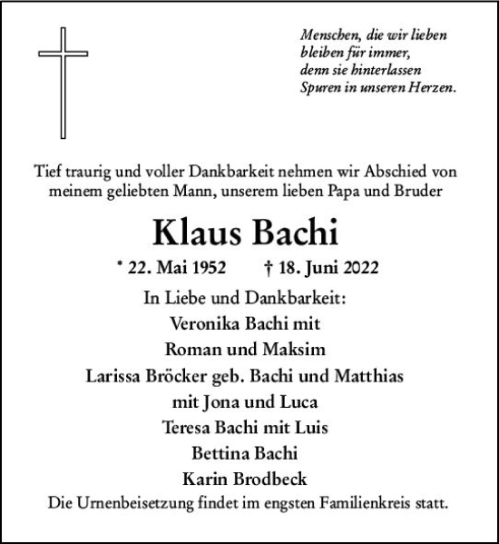 Traueranzeige von Klaus Bachi von vrm-trauer AZ Mainz