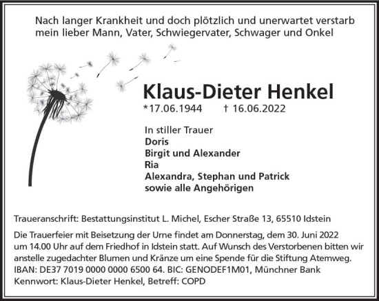 Traueranzeige von Klaus-Dieter Henkel von vrm-trauer Wiesbadener Kurier