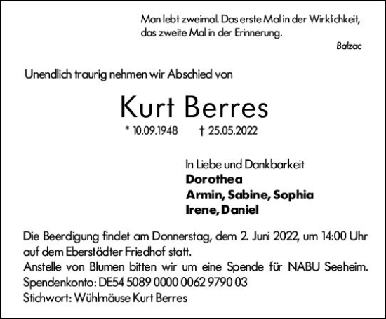 Traueranzeige von Kurt Berres von vrm-trauer Darmstädter Echo
