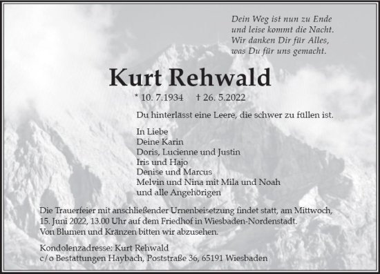 Traueranzeige von Kurt Rehwald von vrm-trauer Wiesbadener Kurier