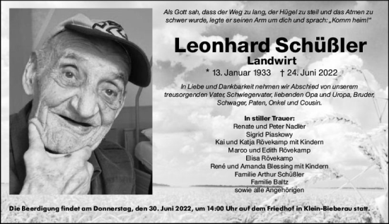 Traueranzeige von Leonhard Schüßler von vrm-trauer Odenwälder Echo