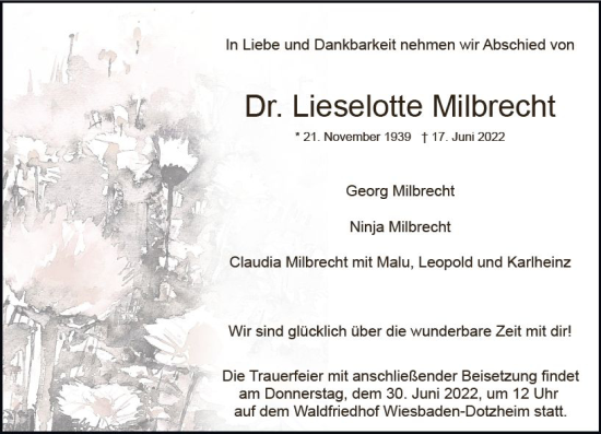 Traueranzeige von Lieselotte Milbrecht von vrm-trauer Wiesbadener Kurier