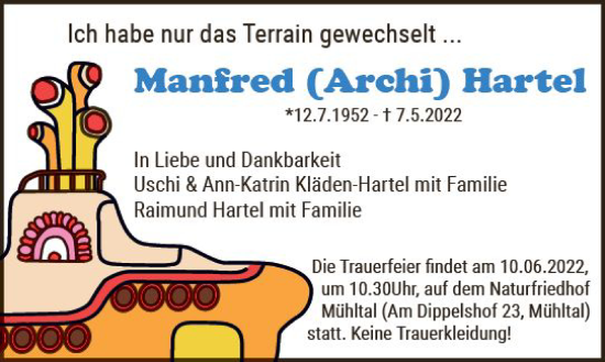Traueranzeige von Manfred Hartel von vrm-trauer Darmstädter Echo