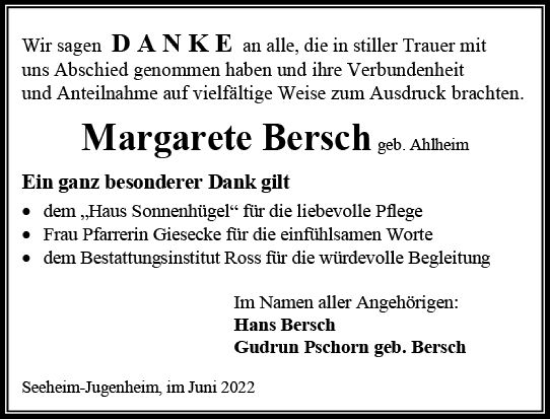 Traueranzeige von Margarete Bersch von vrm-trauer Darmstädter Echo