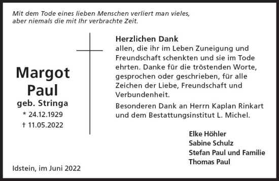Traueranzeige von Margot Paul von vrm-trauer Idsteiner Zeitung