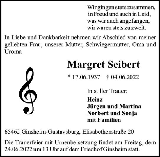 Traueranzeige von Margret Seibert von vrm-trauer AZ Mainz