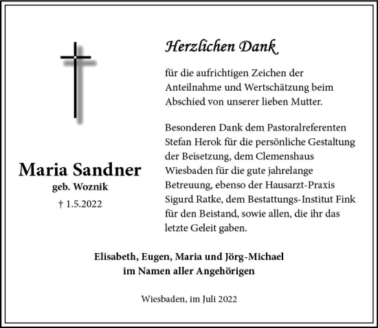 Traueranzeige von Maria Sandner von vrm-trauer Wiesbadener Kurier