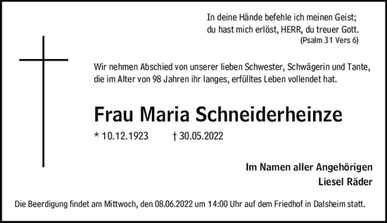 Traueranzeige von Maria Schneiderheinze von vrm-trauer Wormser Zeitung