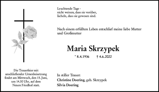 Traueranzeige von Maria Skrzypek von vrm-trauer Hochheimer Zeitung
