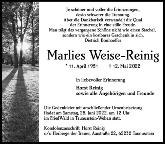 Traueranzeige von Marlies Weise-Reinig von vrm-trauer WK-UTA