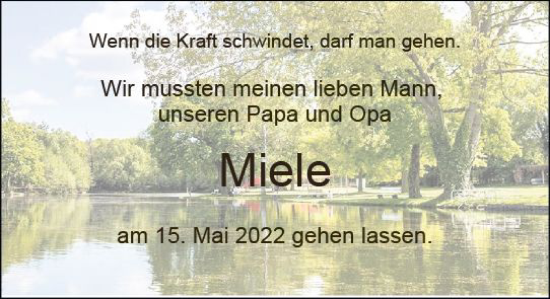 Traueranzeige von Miele  von vrm-trauer DieburgerAnzeiger/Groß-Zimmerner Lokala