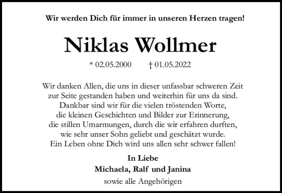 Traueranzeige von Niklas Wollmer von vrm-trauer Allgemeine  Zeitung Ingelheim-Bingen