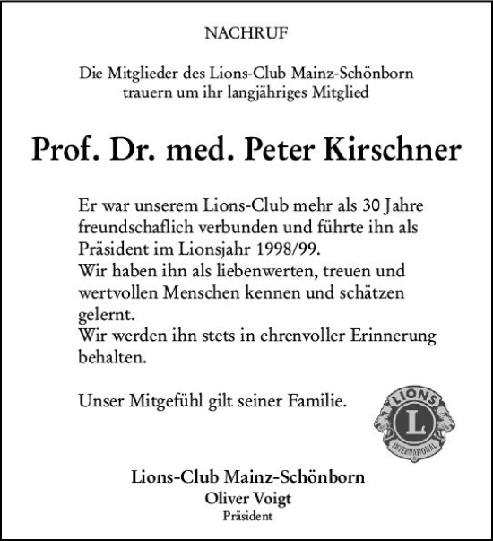 Traueranzeige von Peter Kirschner von vrm-trauer AZ Mainz