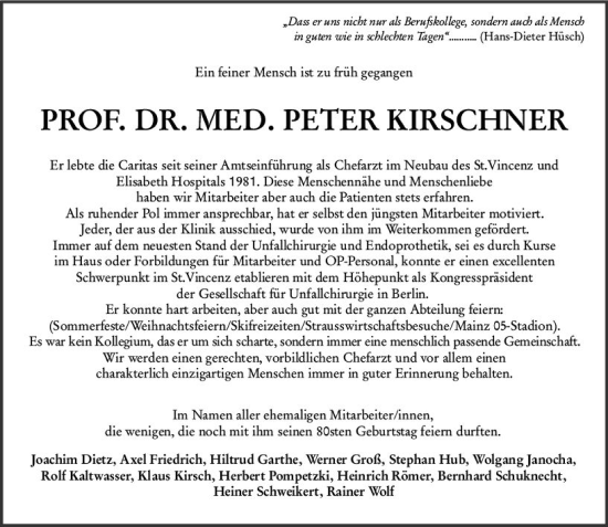 Traueranzeige von Peter Kirschner von vrm-trauer Rüsselsheimer Echo / MainSpitze