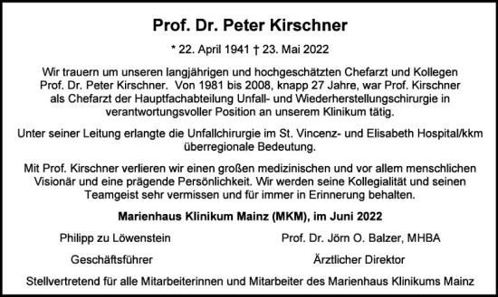 Traueranzeige von Peter Kirschner von vrm-trauer AZ Mainz