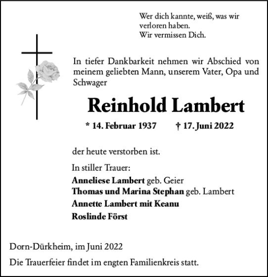 Traueranzeige von Reinhold Lambert von vrm-trauer AZ Mainz