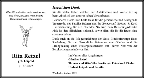 Traueranzeige von Rita Retzel von vrm-trauer Wiesbadener Kurier