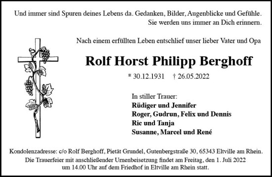 Traueranzeige von Rolf Horst Philipp Berghoff von vrm-trauer Rheingau