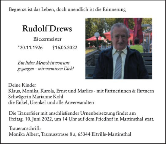 Traueranzeige von Rudolf Drews von vrm-trauer Rheingau