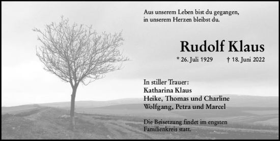 Traueranzeige von Rudolf Klaus von vrm-trauer WK-UTA