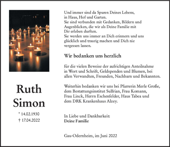 Traueranzeige von Ruth Simon von vrm-trauer Allgemeine Zeitung Alzey