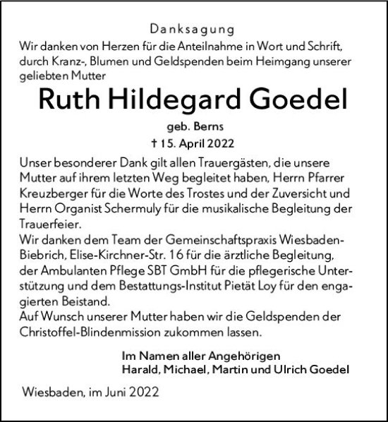 Traueranzeige von Ruth Hildegard Goedel von vrm-trauer Wiesbadener Kurier