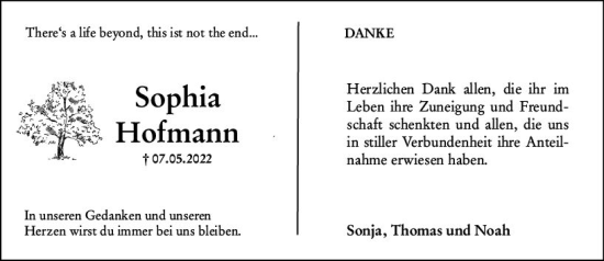 Traueranzeige von Sophia Hofmann von vrm-trauer Hochheimer Zeitung