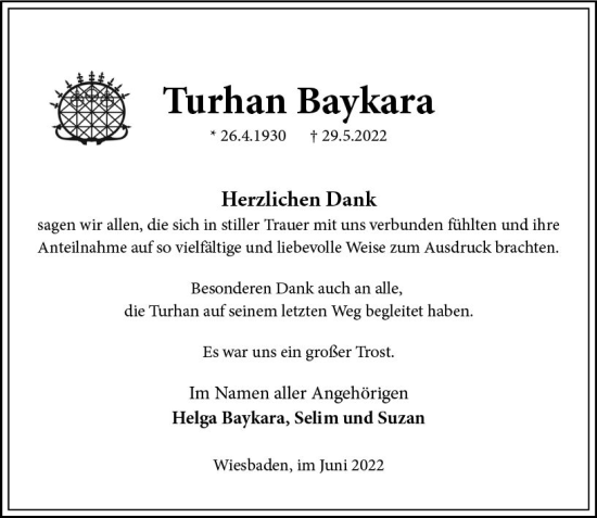 Traueranzeige von Turhan Baykara von vrm-trauer Wiesbadener Kurier