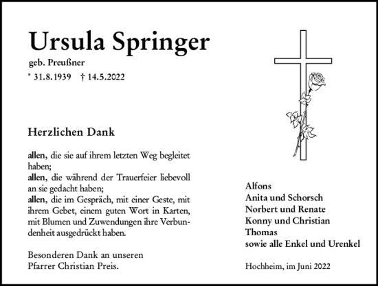 Traueranzeige von Ursula Springer von vrm-trauer Hochheimer Zeitung