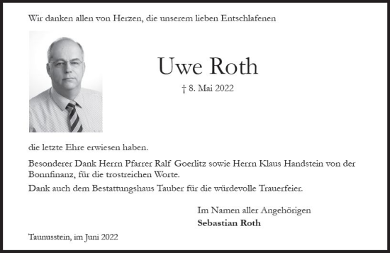 Traueranzeige von Uwe Roth von vrm-trauer Wiesbadener Kurier