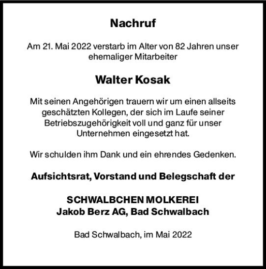 Traueranzeige von Walter Kosak von vrm-trauer Wiesbadener Kurier