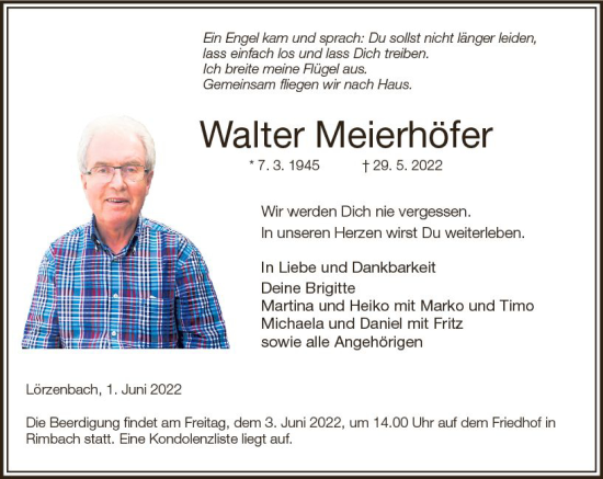 Traueranzeige von Walter Meierhöfer von vrm-trauer Bürstädter/Lamperth. Ztg/Starkenburger
