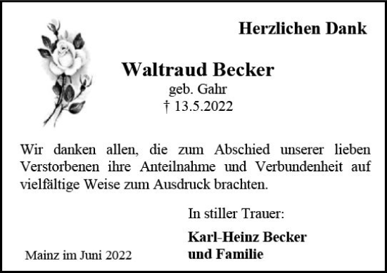 Traueranzeige von Waltraud Becker von vrm-trauer AZ Mainz