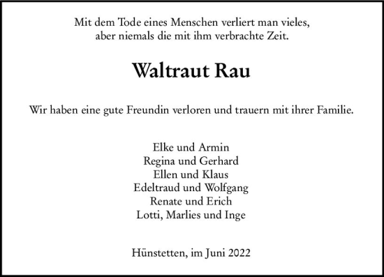 Traueranzeige von Waltraut Rau von vrm-trauer Idsteiner Zeitung