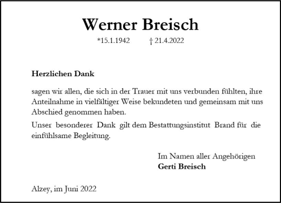 Traueranzeige von Werner Breisch von vrm-trauer Allgemeine Zeitung Alzey