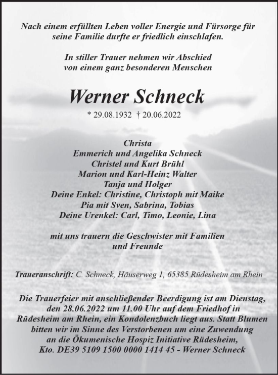 Traueranzeige von Werner Schneck von vrm-trauer Wiesbadener Kurier