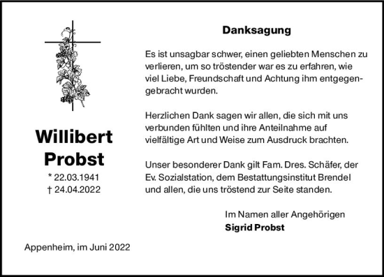 Traueranzeige von Willibert Probst von vrm-trauer Allgemeine  Zeitung Ingelheim-Bingen