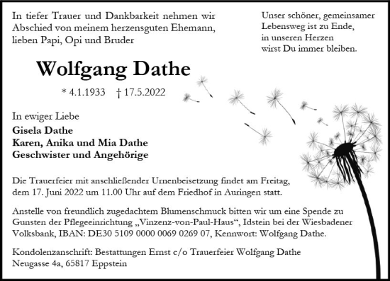 Traueranzeige von Wolfgang Dathe von vrm-trauer Wiesbadener Kurier