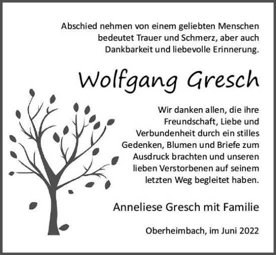 Traueranzeige von Wolfgang Gresch von vrm-trauer Allgemeine  Zeitung Ingelheim-Bingen
